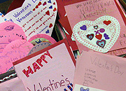 A collection of handmade Valentine cards for Veteran patients.