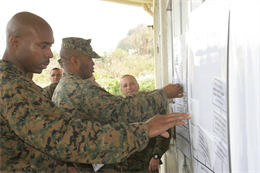 U.S. Marine Corps Gunnery Sergeant Derric Threatt, Cyber Security Manager, 3d Marine Expeditionary Brigade, right, and Gunnery Sergeant Stephan Hunter, Team Chief, Civil Affairs, 3d Marine Expeditionary Brigade, participate in a Humanitarian Assistance & Disaster Response (HA/DR) practical exercise Jan. 17, 2013 aboard Camp Courtney, Okinawa, Japan.  Marines and sailors of III Marine Expeditionary Force learn about civil-military roles in international disaster response during a Joint Humanitarian Operations Course (JHOC) conducted by the Office of U.S. Foreign Disaster Assistance (OFDA), United States Agency for International Development (USAID).  (U.S. Marine Corps photo by CWO2 Jonathan C. Knauth/Released)