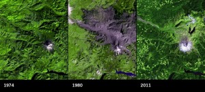 In 1974, Mount St Helens in Washington state was surrounded by forests. An image taken three months after the volcanic eruption on 18 May 1980 reveals the devastation caused by the blast, which directed its energy northwards. By 2011, much of the damaged region had started to regrow. (Images: USGS)