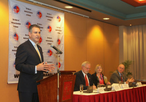 Under Secretary of Commerce for International Trade Francisco Sanchez (L) speaks on a panel in Hanoi, Vietnam on November 14, 2012 with (L-R) Ambassador David B, Shear, Leocadia Zak of the U.S. Trade Development Agency and John Moran from the Overseas Private Investment Corporation.