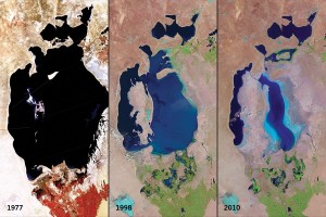 Images from the Landsat satellite series show the Aral Sea in central Asia shrinking significantly from 1977 to 2010 because of water diversion for agricultural use. (Images: USGS EROS Data Center)