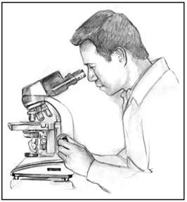 Drawing of a male health care worker looking through a microscope.