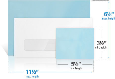 Se muestran tres sobres que representan los tamaños mínimo y máximo permitidos para cartas, además de un sobre típico. A continuación se indican el ancho y el alto mínimo y máximo de los sobres.