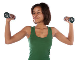 A confident young lady working out with hand weights; Shutterstock.com