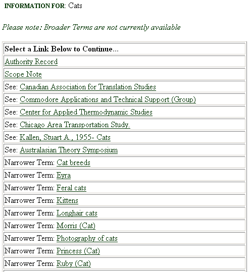 [Information Screen for the Subject Heading Cats]