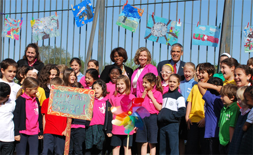 Ambassador Cousin and Ambassador Diaz accompanied by Mrs. Diaz with Children in Marymount International School’s Sustainable Vegetable School Garden