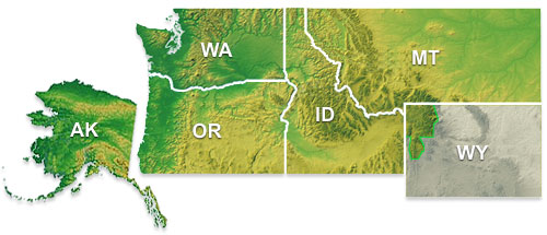 Map of States served by WFLHD (Oregon, Washington, Idaho, Montana, Wyoming and Alaska)