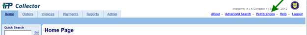IPP Collector Home Page with arrow pointing to the preferences link.