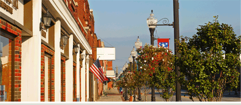 A sidewalk lined with trees, antique streetlights, and brick storefronts.