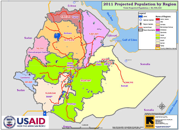 Ethiopia Administrative and Population Map - click for larger version