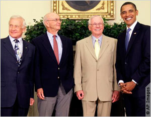 President Obama with, from left to right, Buzz Aldrin, Michael Collins, and Neil Armstrong.