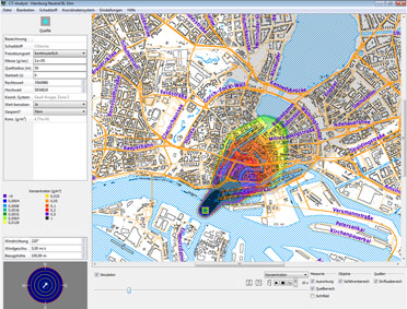 CT-Analyst screen view shows the simulated city of Hamburg, Germany, from the top with colored pollutant cloud.