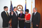 Ray H. LaHood - swearing-in ceremony. From left to right: Sam LaHood, the Secretary’s son; U.S. Secretary of Transportation Ray H. LaHood; Kathy LaHood, the Secretary’s wife; U.S. Department of Transportation Assistant Secretary for Administration Linda Washington; U.S. Senator Richard J. Durbin.