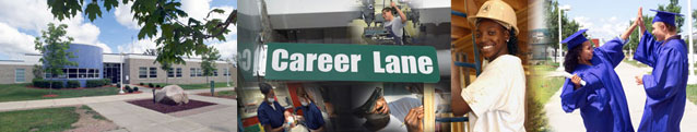 Collage of center building; Career Lane sign; a student working; two smiling graduates