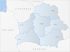 Map of the cities of Belarus: Vicebsk, Hrodna, Minsk, Maleu, Brest, Homel'. Belarus borders Ukraine, Poland, Lithuania, Latvia and Russia.