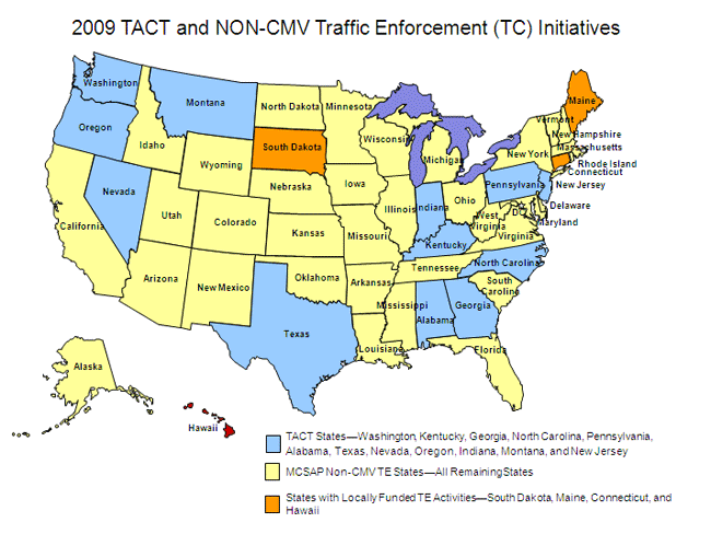 map of the united states with links to TACT states and MCSAP representatives for non-TACT States