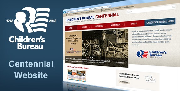 Graphic of website in a browser with CB centennial logo to the left