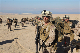 JORDAN (Oct. 9, 2012) U.S. Marines assigned to Marine Engagement Team from Battalion Landing Team 1st Battalion, 2nd Marine Regiment, 24th Marine Expeditionary Unit, conduct a hike while participating in a training exercise in Jordan, Oct. 9, 2012. The engagement team is a platoon-sized group of Marines from the 24th MEU who are conducting a variety of unilateral and bilateral training events with the Jordanian Marines in southern Jordan. The 24th MEU is deployed with the Iwo Jima Amphibious Ready Group as a U.S. Central Command theater reserve force, providing support for maritime security operations and theater security cooperation efforts in the U.S. 5th Fleet area of responsibility. (U.S. Marine Corps photo by Lance Cpl. Tucker S. Wolf/Released) 