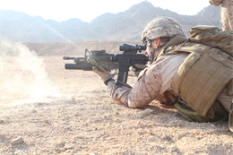 JORDAN (Oct. 3, 2012)  Lance Cpl. John Graham, from Southwest city, Mo., assigned to Marine Engagement Team from Battalion Landing Team 1st Battalion, 2nd Marine Regiment, 24th Marine Expeditionary Unit, conducts a live fire training exercise, Oct. 3, 2012. The engagement team is a platoon-sized group of Marines from the 24th MEU who are conducting a variety of unilateral and bilateral training events with the Jordanian Marines in southern Jordan. The 24th MEU is deployed with the Iwo Jima Amphibious Ready Group as a U.S. Central Command theater reserve force, providing support for maritime security operations and theater security cooperation efforts in the U.S. 5th Fleet area of responsibility. (U.S. Marine Corps photo by Lance Cpl. Tucker S. Wolf/Released) 