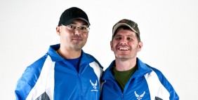 Master Sgt. Christopher Aguilera (left) and Capt. Anthony Simone survived a helicopter crash in Afghanistan together in 2010. Both men have battled serious injuries and are inspired by each other's dedication to recovery. They are excited to reunite at the Warrior Games. (U.S. Air Force photo by Tech. Sgt. Bennie J. Davis III)