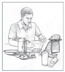 Drawing of a teenage boy weighing food on a scale and writing on a piece of paper. Some foods being weighed include meat, milk, broccoli, and bread.