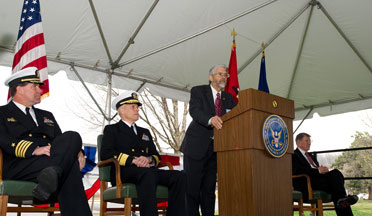 Capt. Paul Stewart, commanding officer, NRL, left, Chief of Naval Research, Rear Adm. Matthew Klunder, and Dr. John Montgomery, director of research for NRL, right, listen as the Director of the White House Office of Science and Technology Policy, Dr. John P. Holdren, offers remarks during the opening of the Laboratory for Autonomous Systems Research.