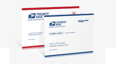 Priority Mail® 法定尺寸信封和 Express Mail® 邮寄信封的图片，一起显示作为对比。