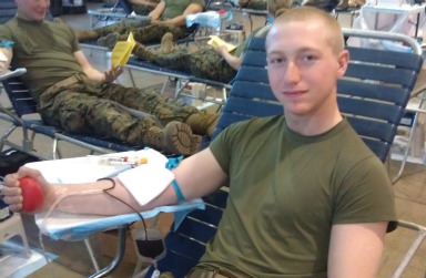 Recruit Zachary Fryer from the Recruit Training Regiment at Marine Corps Recruit Depot at Parris Island donates blood to the Armed Services Blood Program for the first time.