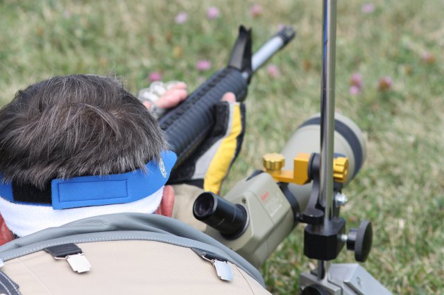 Rob Harbison, a contractor supporting small caliber ammunition capability development at Fort Benning, Ga., fires the EPR from his weapon while in the prone position at 600 yards.