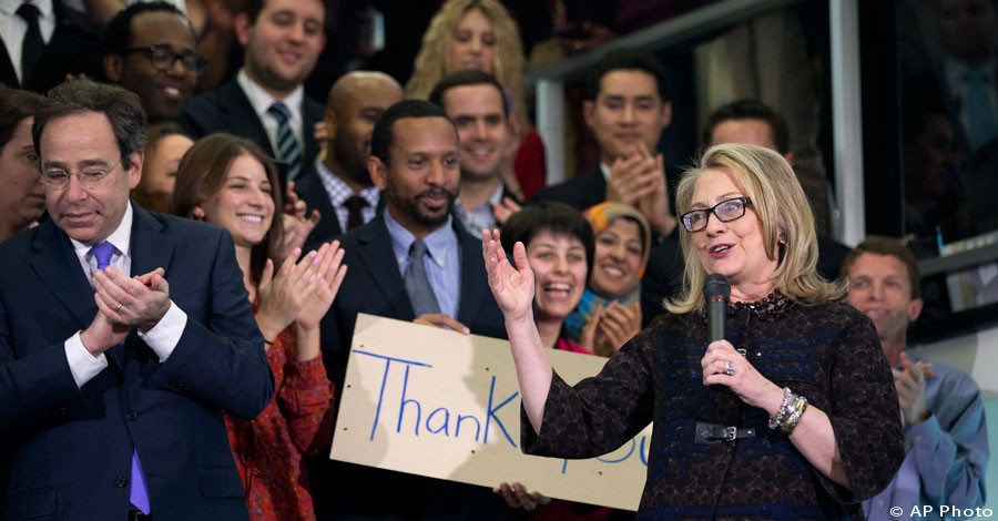 Secretary of State Hillary Rodham Clinton is applauded as she gives her farewell remarks to State Department employees, Feb. 1, 2013. [AP Photo]