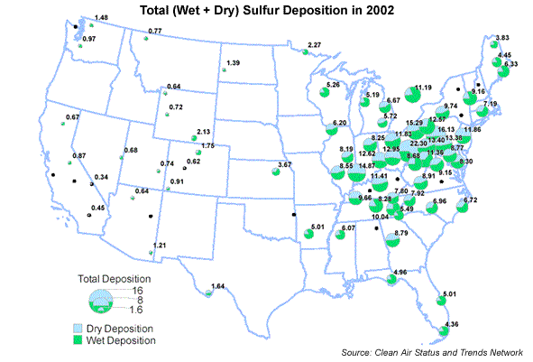 Map of total US sulfur deposition in 2002