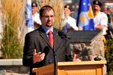 Trevor Hendrickson, son of Kenneth Hendrickson, killed in Iraq Jan. 24, 2004, speaks at the 10-year commemoration ceremony at the North Dakota Memorial to the Fallen in the Global War on Terrorism September 11, 2011. 