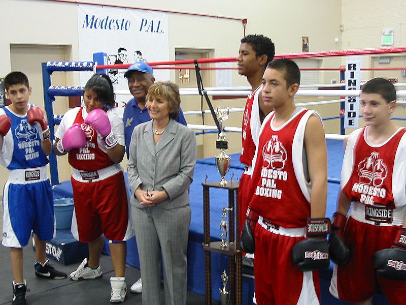 Senator Boxer with the Modesto Police Activities League boxing team