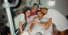 Now-retired Chief Warrant Officer 4 Dan Laguna recovers in the Fort Campbell, Ky., hospital after a horrific helicopter crash, he is pictured with his daughters Michelle and Jamie and son Chris, who also served in special operations and was granted leave to help care for his father. (Photo courtesy of Dan Laguna)