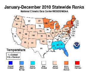 2010 average annual temperature ranks by state.