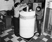 (L to R) Bruce Strauss, Jim Klen & Ed Podscheweit testing flexible helium transfer line