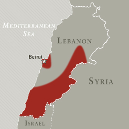 Map with general area of Hizballah presence in Lebanon