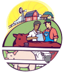 Illustration showing a farmer and market news reporter with livestock