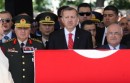 Turkey's Prime Minister Recep Tayyip Erdogan, center left, Parliament Speaker Cemil Cicek, center right, Chief of Staff Gen. Necdet Ozel, third left, and other officials attend a religious funeral for Captain Gokhan Ertan, at a mosque in the eastern Turkish city of Malatya, Turkey, Friday, July 6, 2012. Turkey's Prime Minister Recep Tayyip Erdogan and top military commanders have joined hundreds of mourners at the funeral of two pilots whose jet was shot down by Syria. The somber ceremony took place at an air base in Malatya, from where the pilots' plane had originally taken off. (AP Photo)