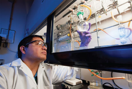 Photo of Livermore chemist Carlos Valdez working in a laboratory.