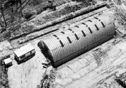 An aerial view of the "Wonder Building" located near the intersection of Wilson and McChesney Roads, where Caltech experimenters worked