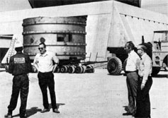 (L to R) Russell Huson, Hans Kautzky, William Fowler arranging the move of the giant magnet to its final location in May, 1972