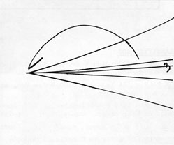 An example of a rare neutrino event taken by Experiment 45 in the Fermilab 15-Foot Bubble Chamber. The neutrino (not visible) enters from the left and produces 5 charged prongs. In addition, the decay of a neutral lambda hyperon to a "V" is observed just above the interaction point.