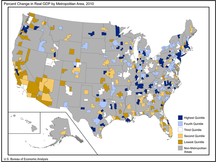 Percent change in real GDP by metro area, 2009-2010