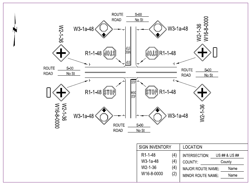 Technical diagram shows the placement of warning signs, regulatory signs, and markings for two-way stop-controlled intersections. The diagram also indicates the number and type of each sign to be placed.