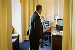 Speaker John Boehner drops by to talk with communications director Kevin Smith in his office at the U.S. Capitol. February 14, 2013.  (Official Photo by Bryant Avondoglio)

--
This official Speaker of the House photograph is being made available only for publication by news organizations and/or for personal use printing by the subject(s) of the photograph. The photograph may not be manipulated in any way and may not be used in commercial or political materials, advertisements, emails, products, promotions that in any way suggests approval or endorsement of the Speaker of the House or any Member of Congress.