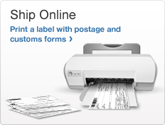 Ship Online.  Print a label with postage and customs forms. Image of a printer with shipping label and customs forms.