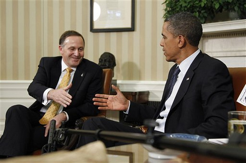 President Barack Obama, right, and New Zealand’s Prime Minister John Key, shake hands following their meeting in the Oval Office of the White House in Washington  Friday, July 22, 2011.  (©AP Photo/Manuel Balce Ceneta)