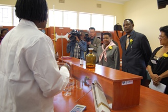 AmBassador Dennise Mathieu, along with Namibia's Minister of Health and Social Services and members of the media review the new, vastly-improved facility and watch students perform taining tasks 
