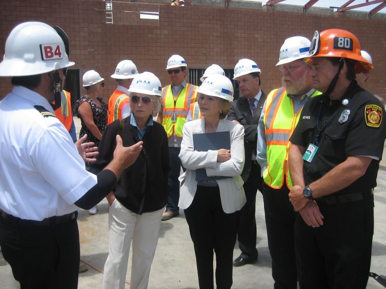 Chief Al Abarca, Los Angeles Fire Department; discusses firefighting operations with Senator Boxer; Congresswoman Harman; Roger Johnson; and Captain Randall Keyes, Los Angeles Fire Department.